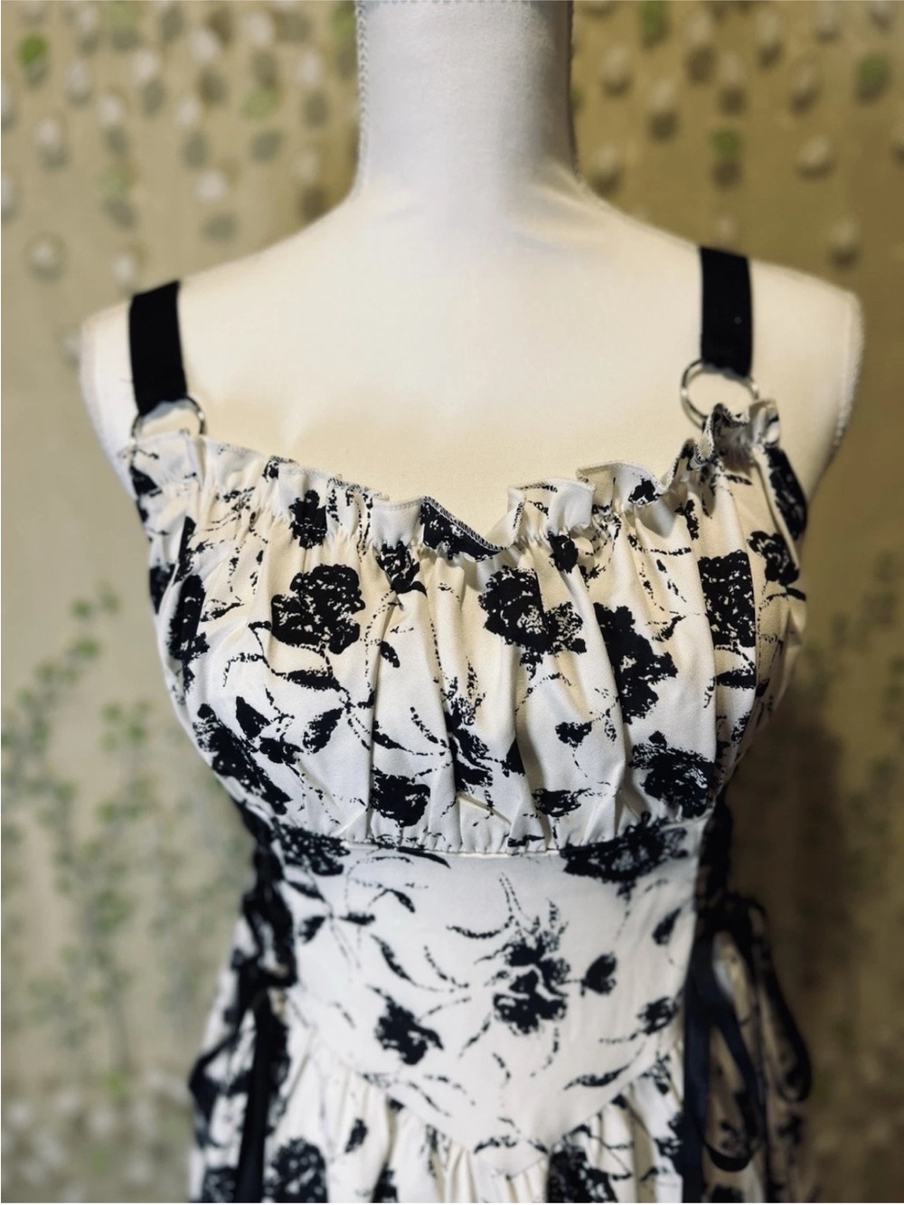 Cottagecore Floral Lace Up Corset Mini Dress O Ring Straps Black White Medium